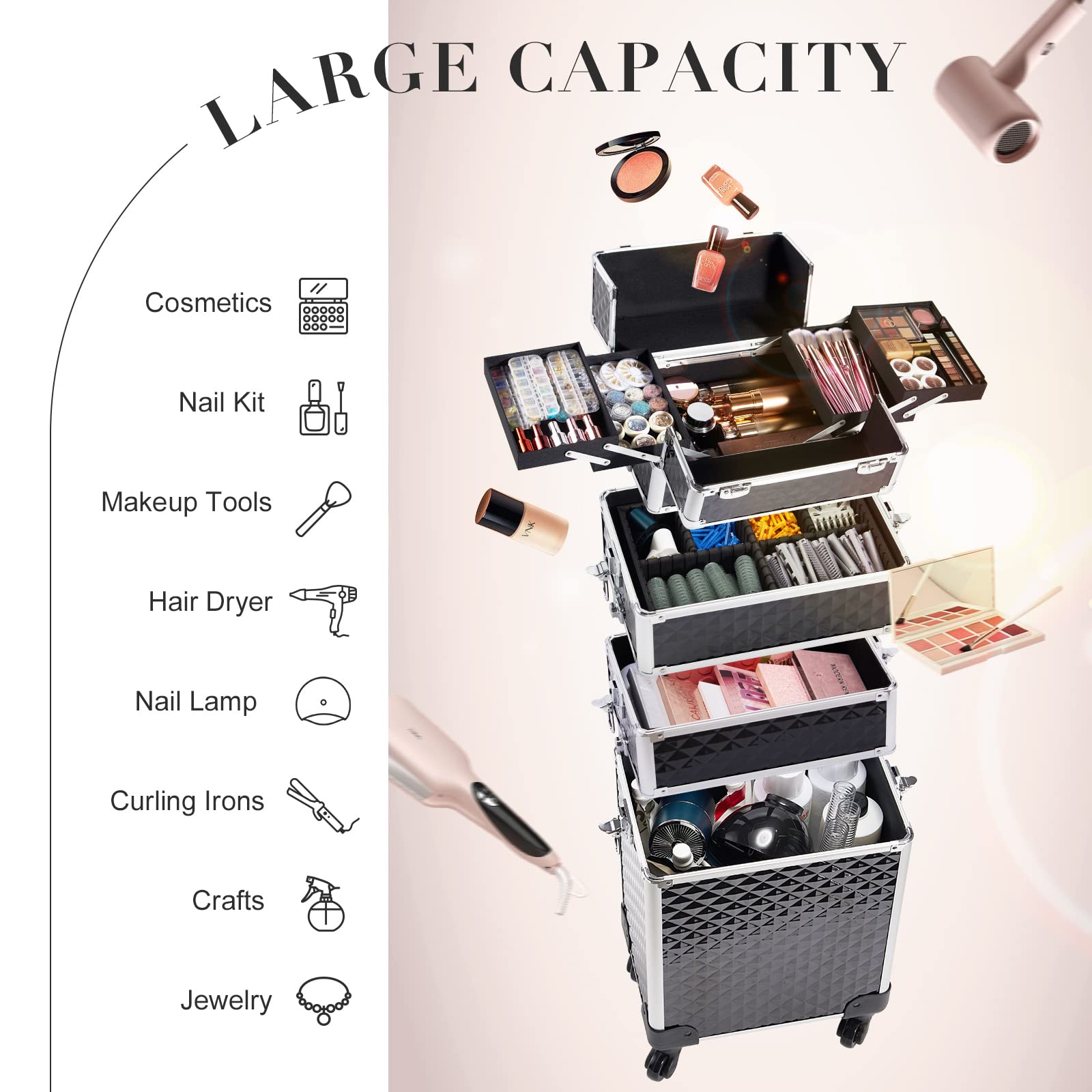 Professional 4-in-1 Large Makeup Trolley Beauty Cosmetics Vanity Organizer Rolling Make up Train Case Hairdressing Storage Box with Universal Wheels and Key Locks 4 Tiers