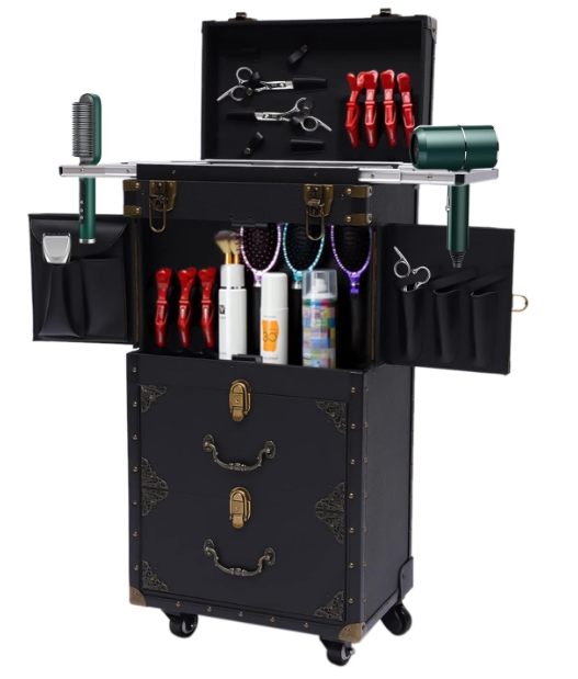 Beauty Salon Luggage,Rolling Lockable Makeup Train Case Hairdressing Trolley Stylist Beauty Salon Cosmetic Luggage Travel Organizer Tool Box with Hair Dryer Holder