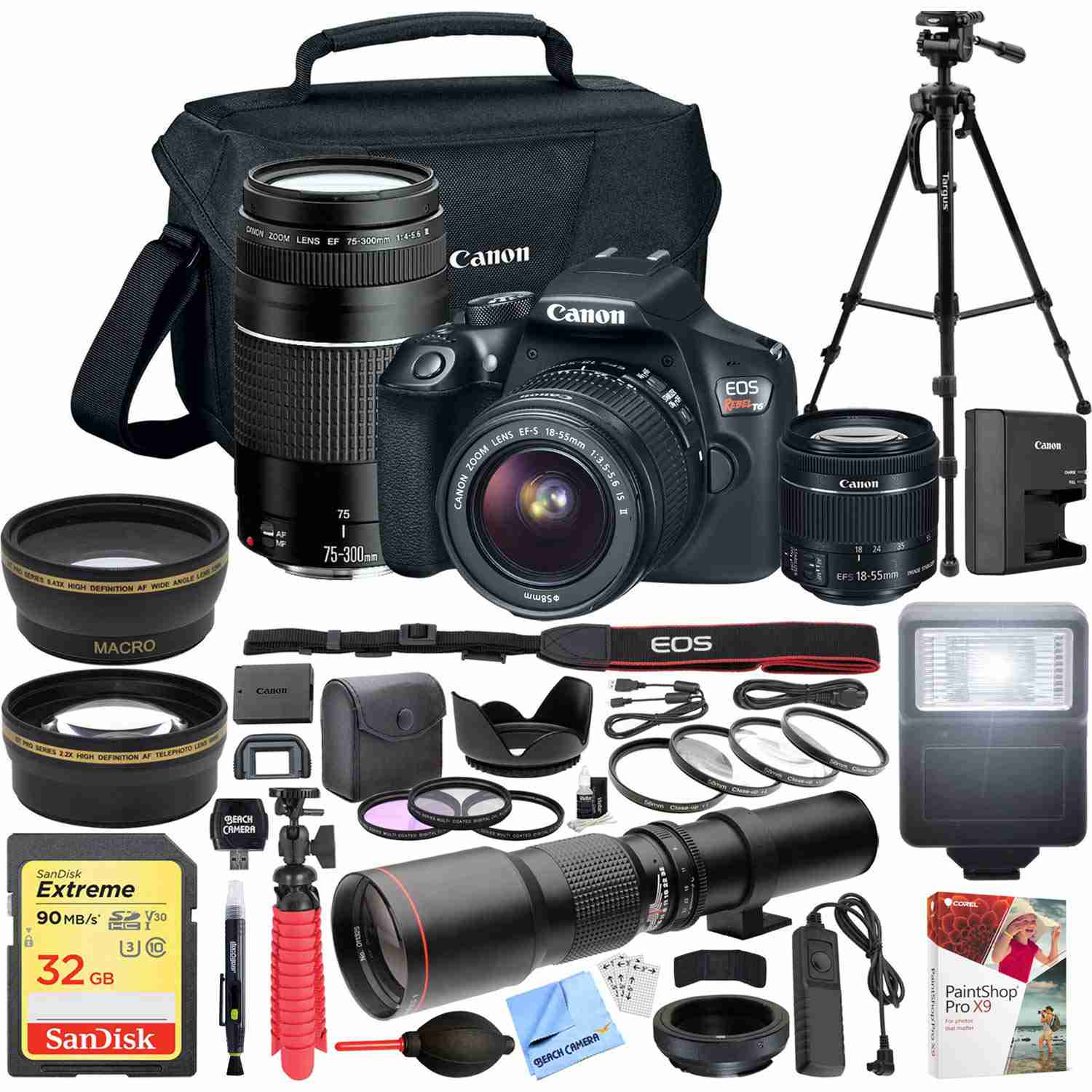 Canon EOS Rebel T6 DSLR Camera with EF-S 18-55mm f/3.5-5.6 is II + EF 75-300mm f/4-5.6 III Dual Lens Kit + 500mm Preset f/8 Telephoto Lens + 0.43x Wide Angle, 2.2X Pro Bundle