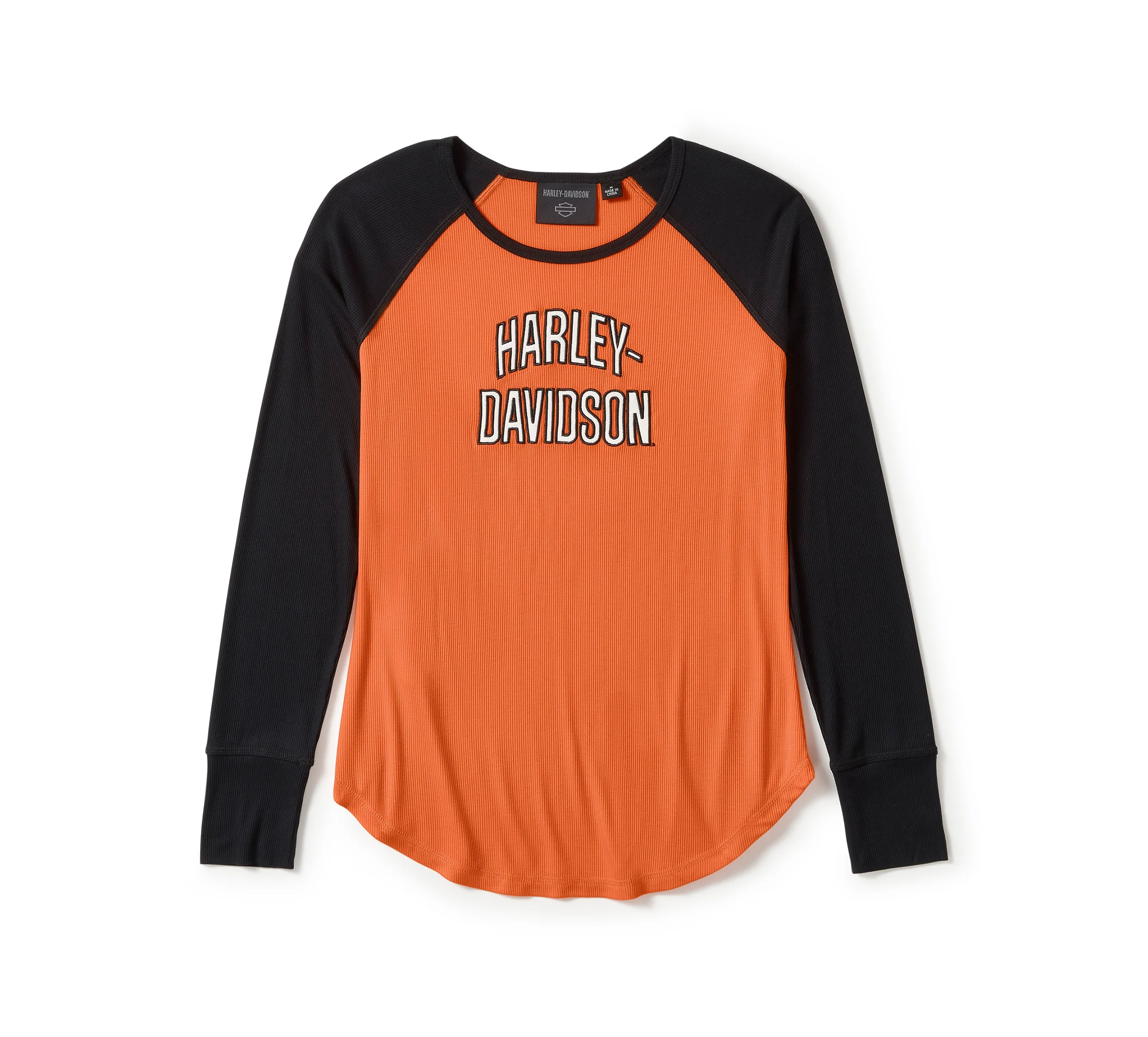 Women's Essential Arched Font Long Sleeve Raglan - Colorblock - Harley Orange & Harley Black