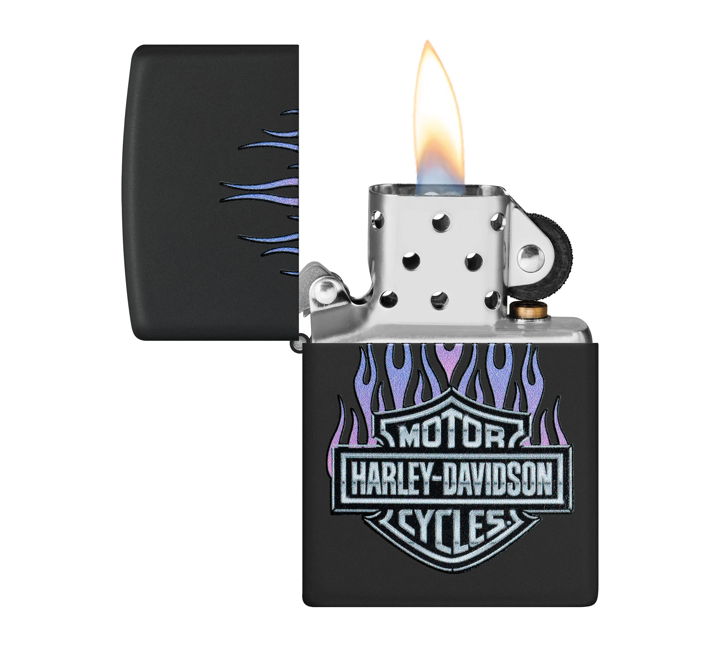 Harley-Davidson Bar and Shield Logo with Flames Color Image Black Matte Windproof Lighter