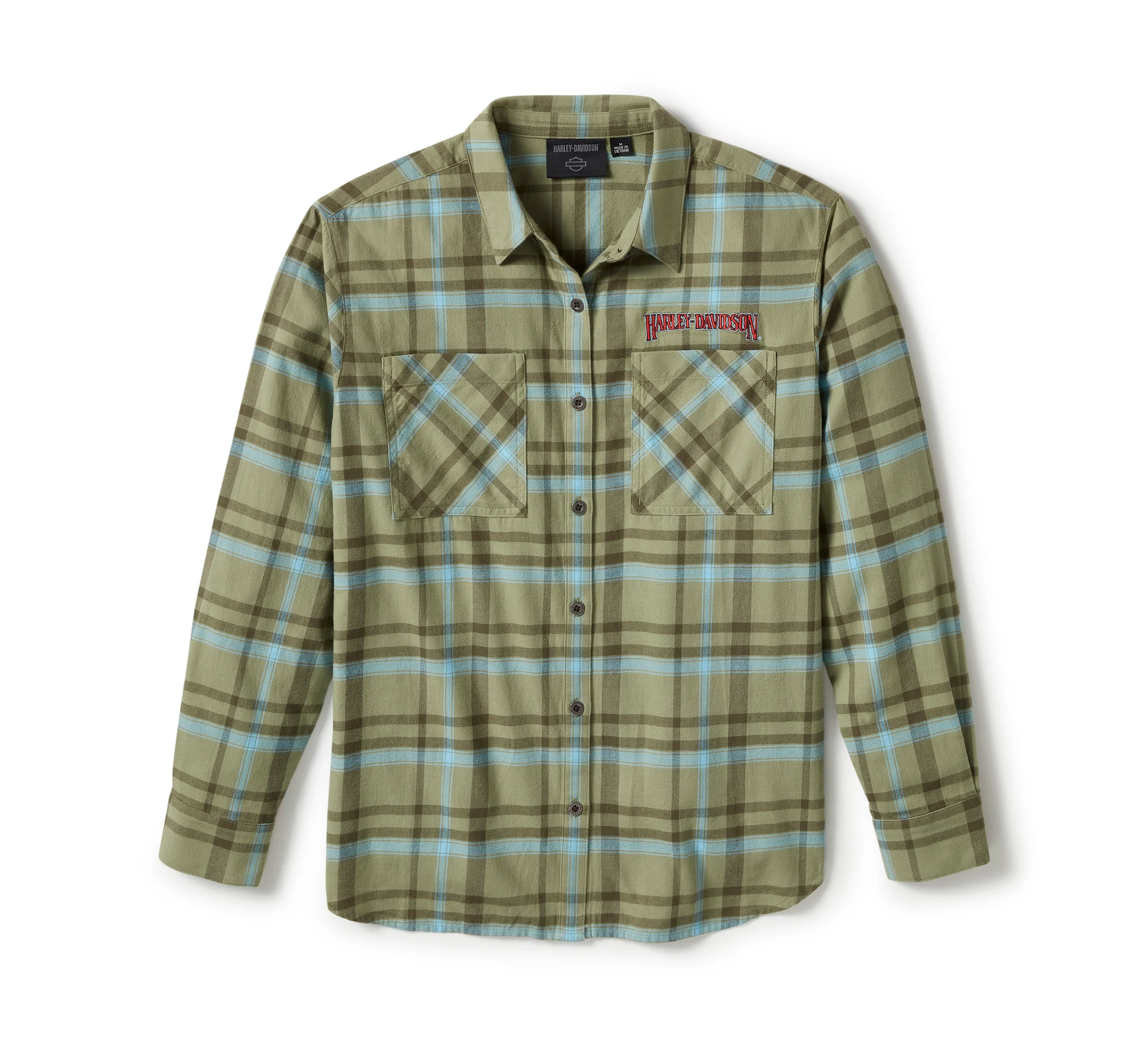 Women's Patch Woven Long Sleeve Shirt - Plaid - Oil Green & Grape Leaf