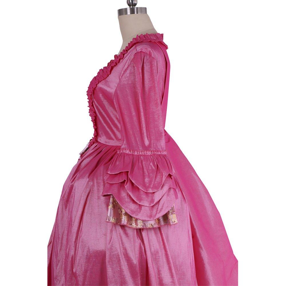 Розовое платье в стиле рококо XVIII века - Длинный рукав с вышивкой и нежным цветочным украшением на груди