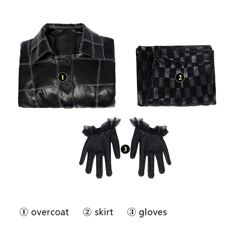 Костюм Круэллы Де Виль для женщин с черной кожаной курткой и париком на Хэллоуин