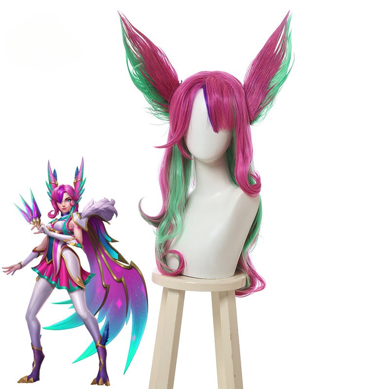 LOL Star Guardian Xayah Костюмный Парик 65см Смешанный Цвет Женщины Косплей Парики с Ушами Термостойкие Синтетические Волосы
