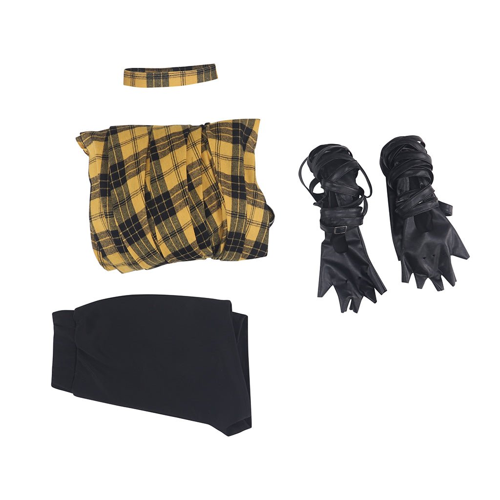 Женское желтое платье в клетку с кожаными рукавами в стиле панк-рок для косплея