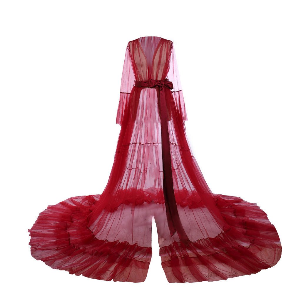 Свадебный Будоар Халат 18 Века Средневековый Красный Сетчатый Пижама Прозрачный Тюль Иллюзия Длинный Костюм