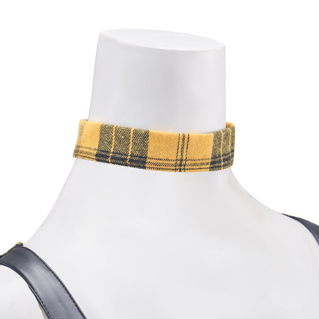 Женское желтое платье в клетку с кожаными рукавами в стиле панк-рок для косплея