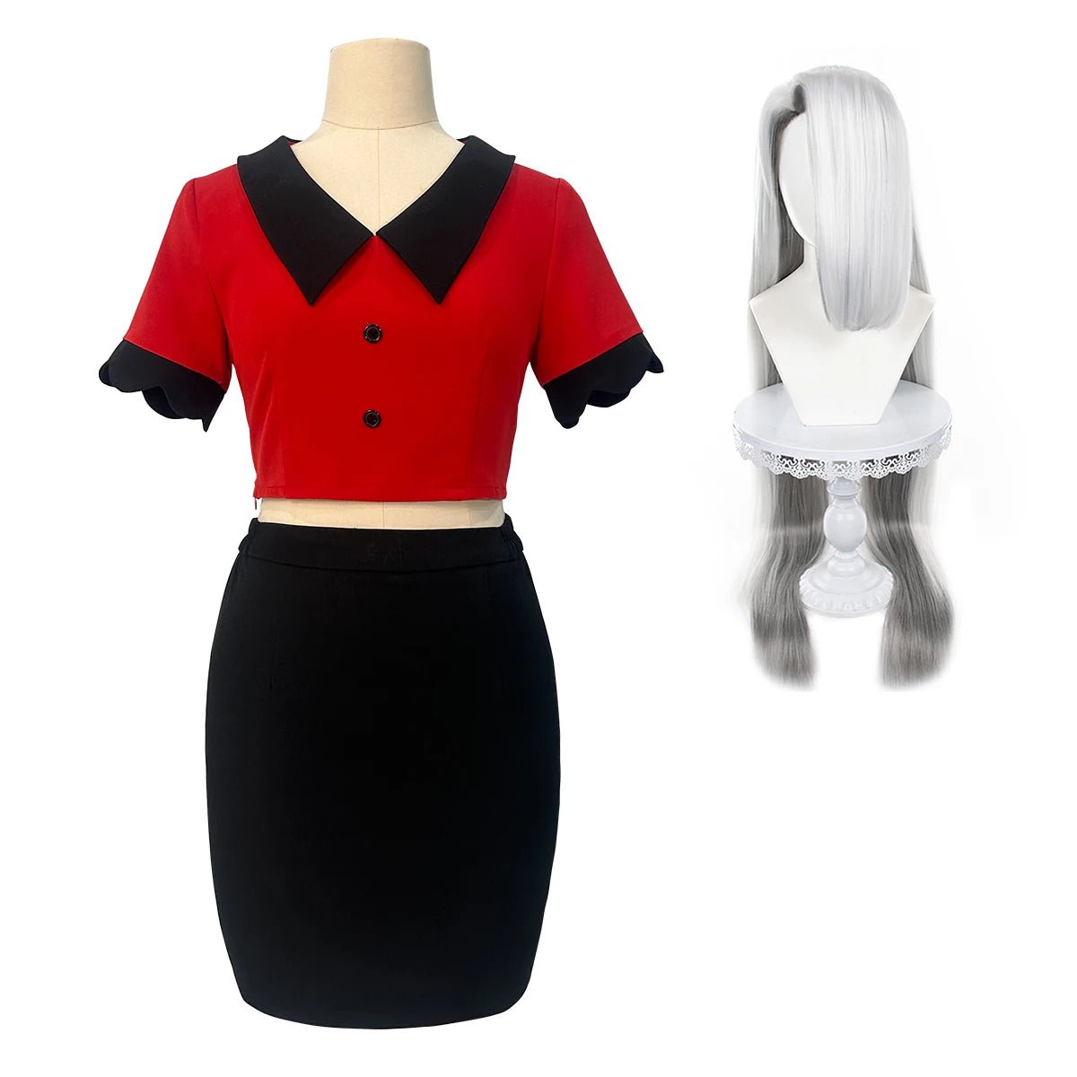 Костюм Люцифера Морнингстара из Haz Hotel для косплея: парик, верх, юбка, длинные серебристо-серые розы, расческа для сетки