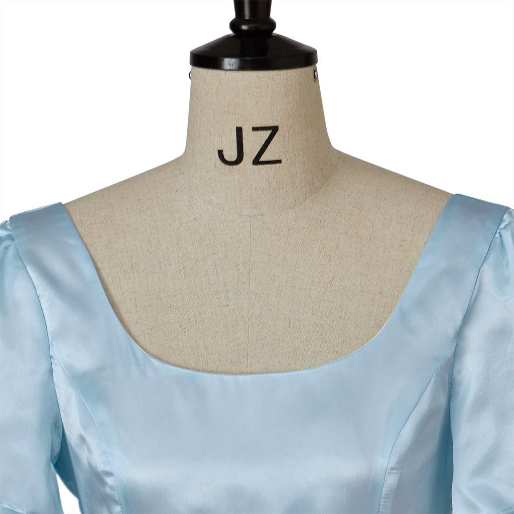 Средневековое регентское платье Bridgerton для косплея в светло-голубом с золотым поясом