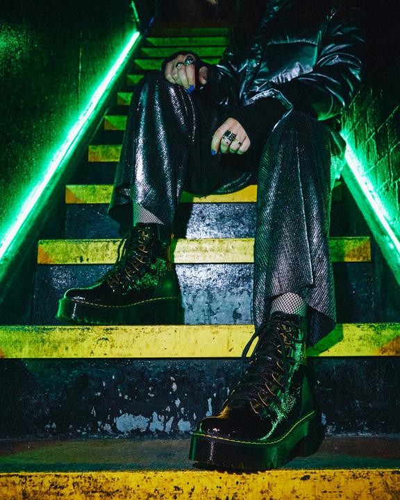 Laurenne Distressed Patent Leather Lace Up Heel Boots