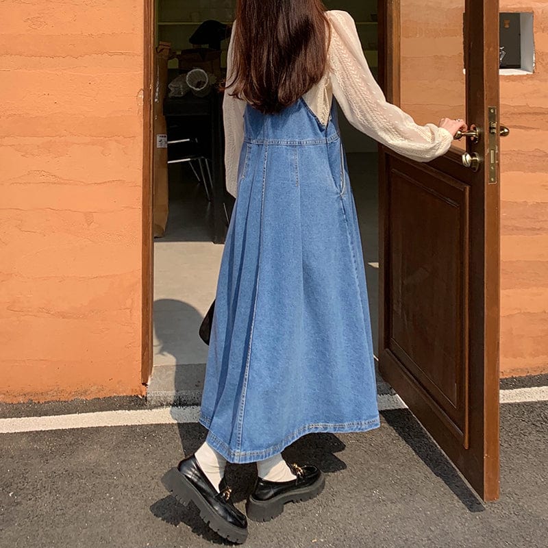 Blue Denim Midi Overall Dress - YOUXIZT