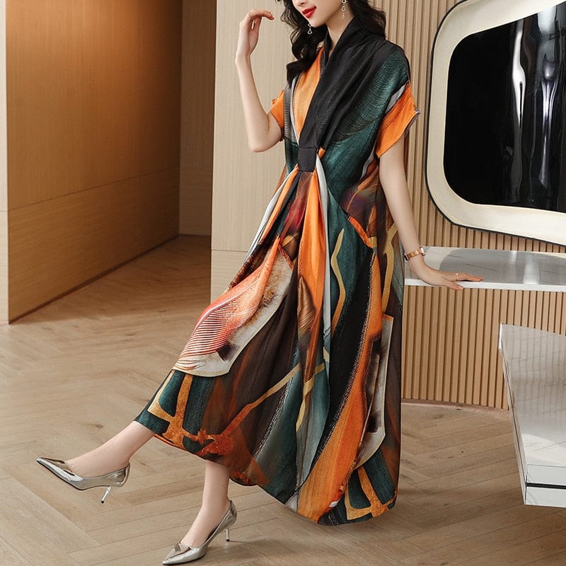 Abstract Art Natural Silk Midi Dress - YOUXIZT