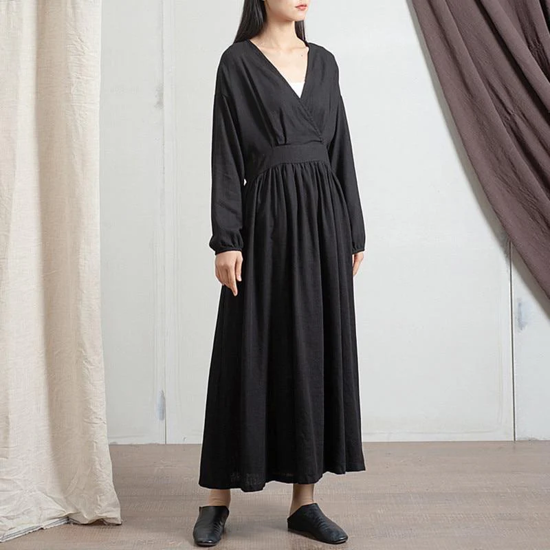 Empire Waist Cotton Linen Casual Dress - YOUXIZT