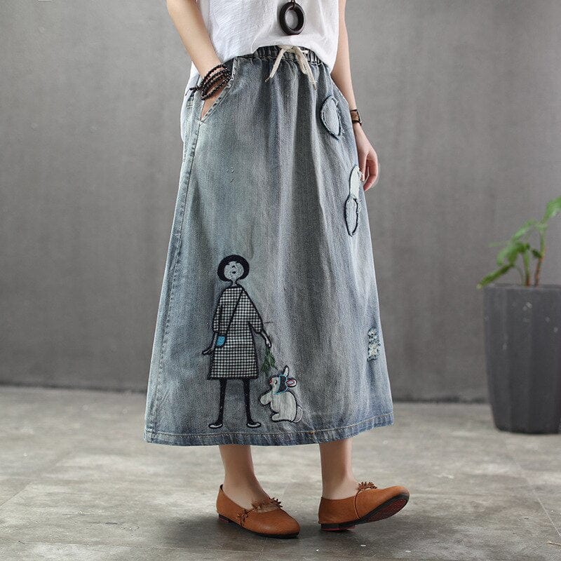 Embroidered Patchwork Kawaii Denim Skirt - YOUXIZT