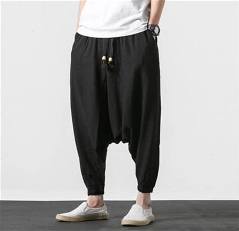 Cotton and Linen Drop Crotch Harem Pants - YOUXIZT