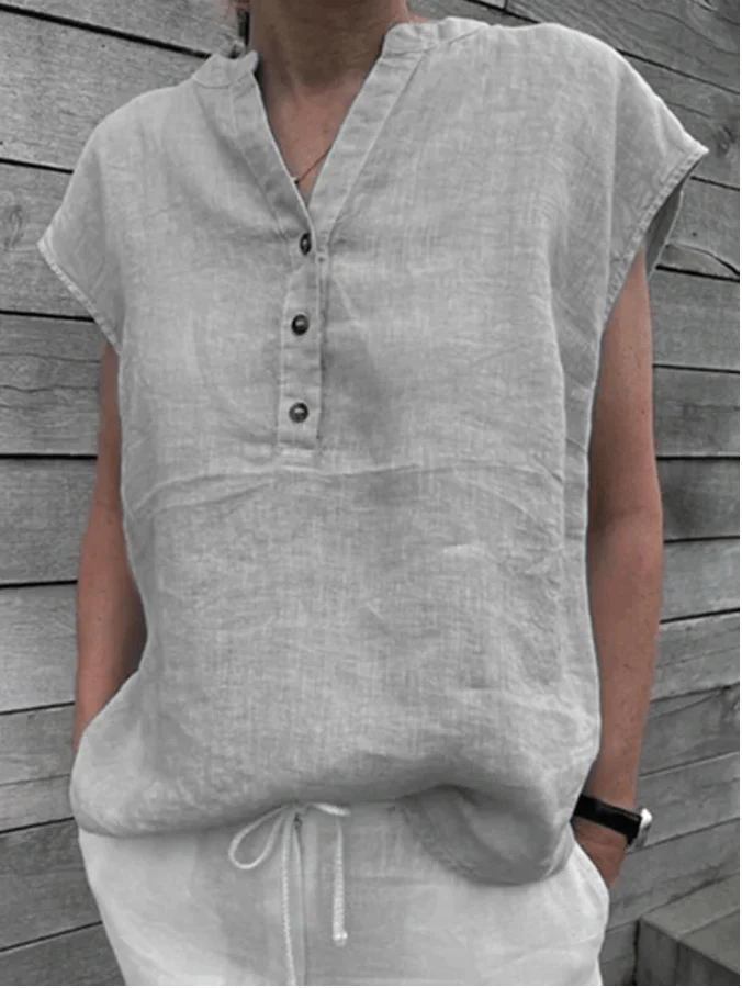 Short Sleeve Cotton Linen V Neck Blouse - YOUXIZT