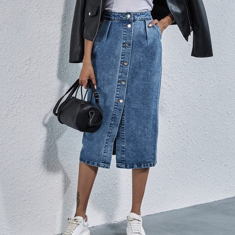 Button Front High Waist Denim Skirt - YOUXIZT