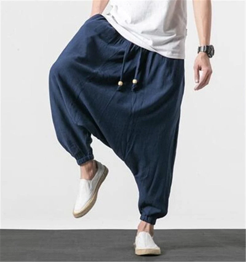 Cotton and Linen Drop Crotch Harem Pants - YOUXIZT