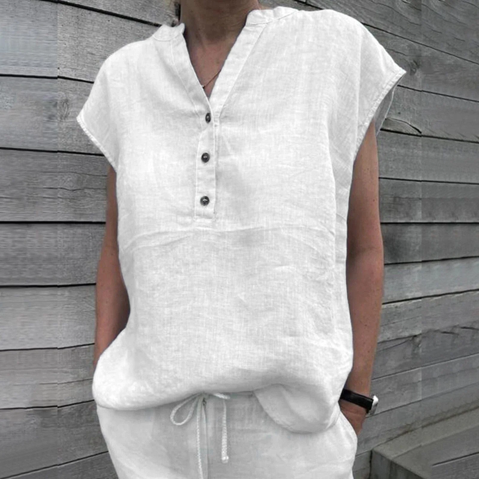 Short Sleeve Cotton Linen V Neck Blouse - YOUXIZT