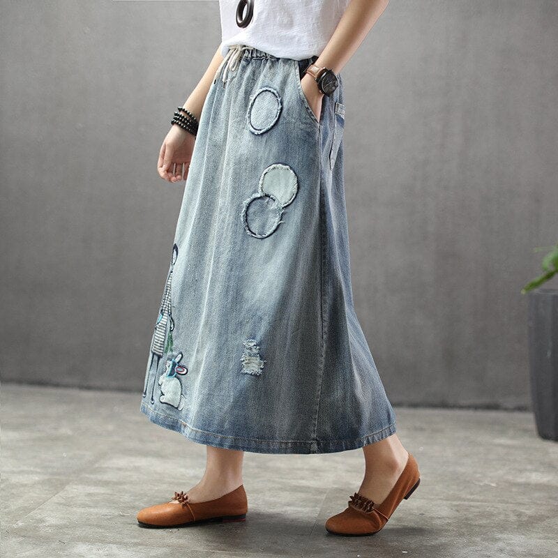 Embroidered Patchwork Kawaii Denim Skirt - YOUXIZT