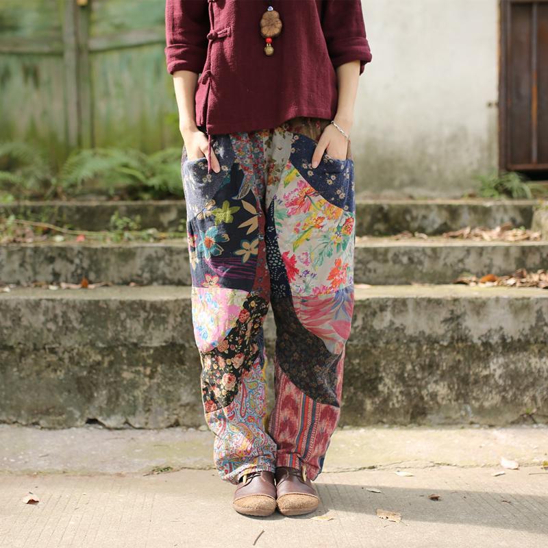 Floral Patchwork Linen Hippie Pants - YOUXIZT