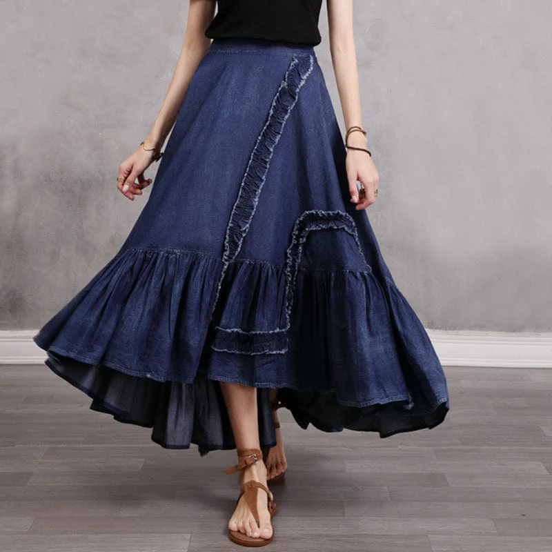 Gypsy Style Patchwork Pleated Denim Skirt - VERGITR