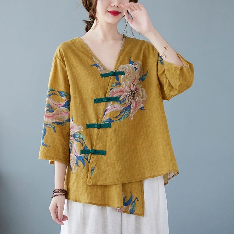 Floral Cotton Linen Oversized Blouse - VERGITR