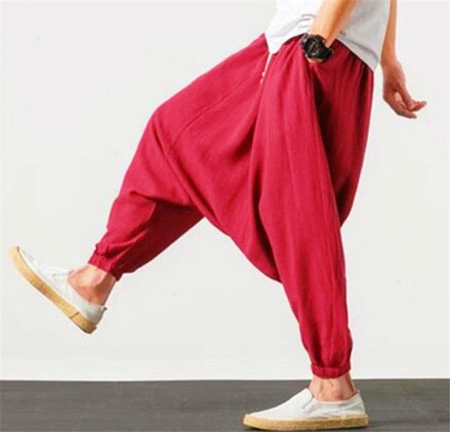 Cotton and Linen Drop Crotch Harem Pants - YOUXIZT