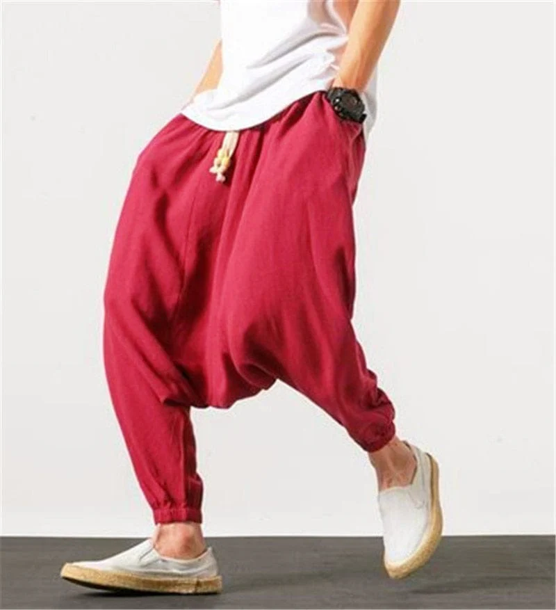 Cotton and Linen Drop Crotch Harem Pants - YOUXIZT