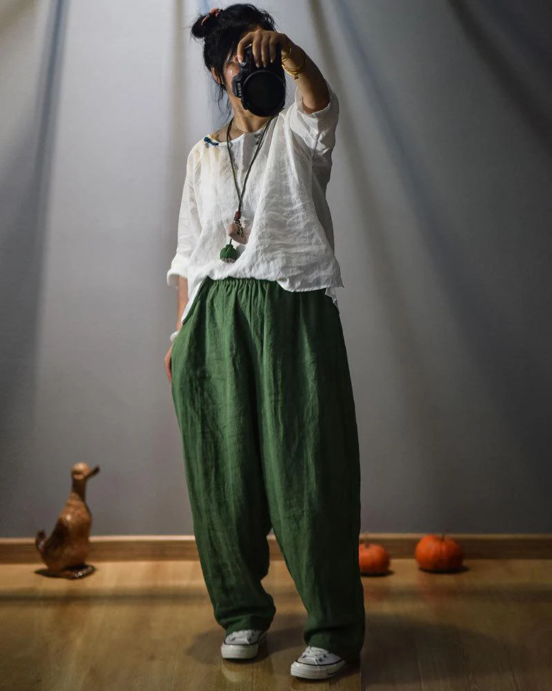Elastic Waist Linen Trousers - YOUXIZT
