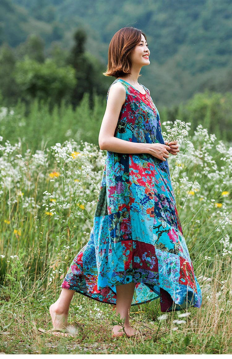 Patchwork Colourful Cotton Hippie Dress - YOUXIZT