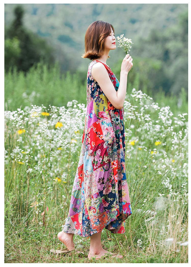Patchwork Colourful Cotton Hippie Dress - YOUXIZT