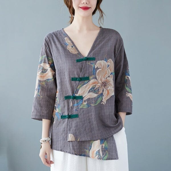 Floral Cotton Linen Oversized Blouse - VERGITR