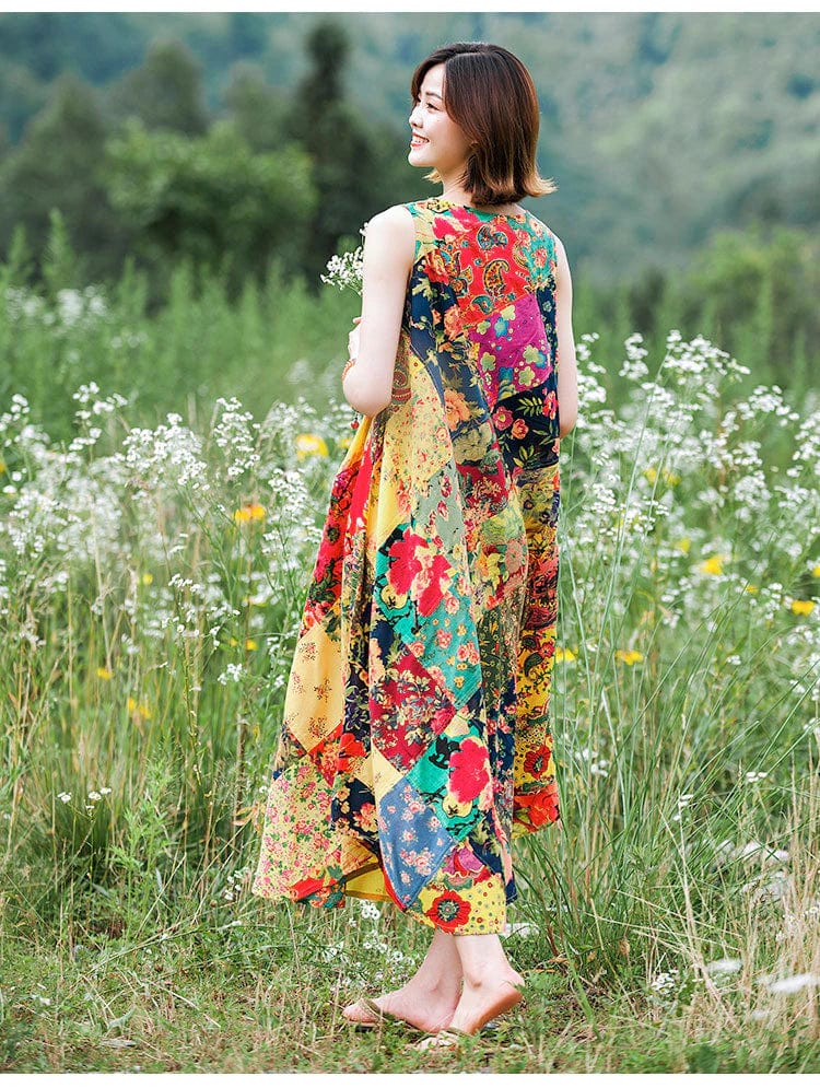 Patchwork Colourful Cotton Hippie Dress - VERGITR