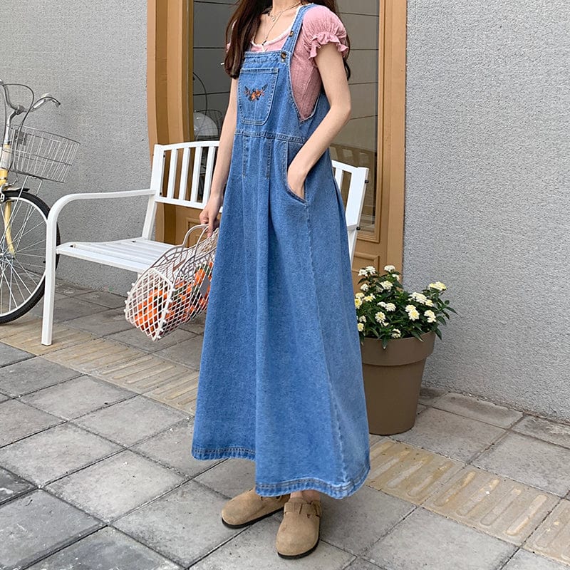Blue Denim Midi Overall Dress - YOUXIZT