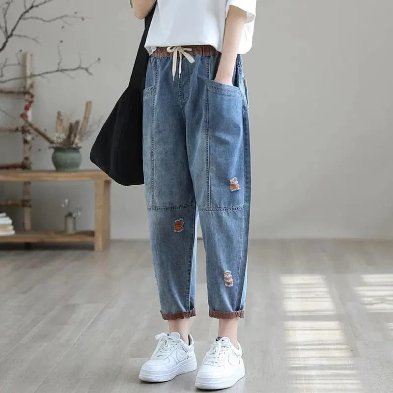 Ripped Harem High Waist Denim Pants - VERGITR