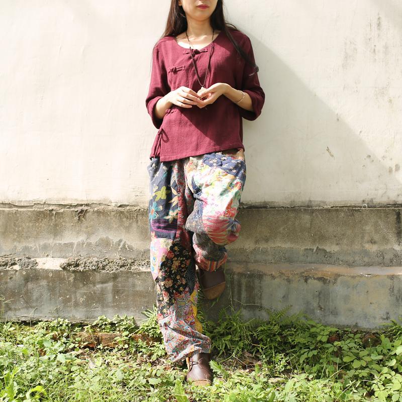Floral Patchwork Linen Hippie Pants - YOUXIZT