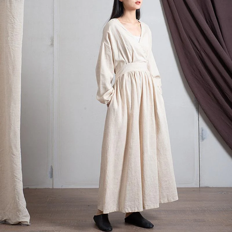 Empire Waist Cotton Linen Casual Dress - VERGITR