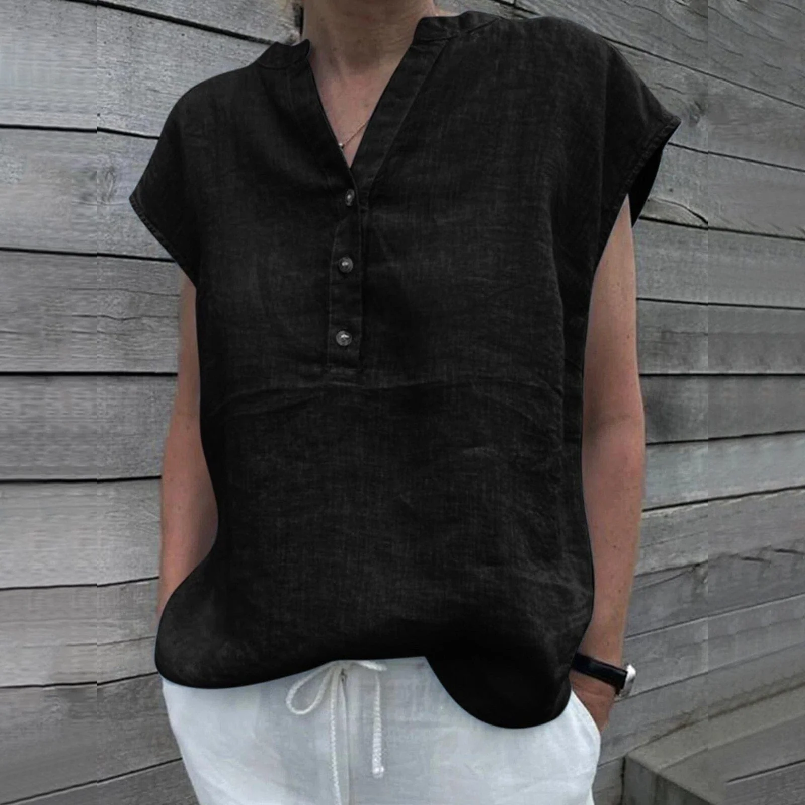 Short Sleeve Cotton Linen V Neck Blouse - YOUXIZT