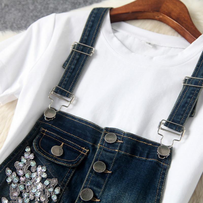 Embroidered Lace Denim Overall Dress - YOUXIZT