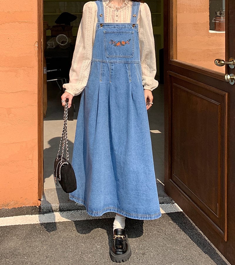 Blue Denim Midi Overall Dress - YOUXIZT