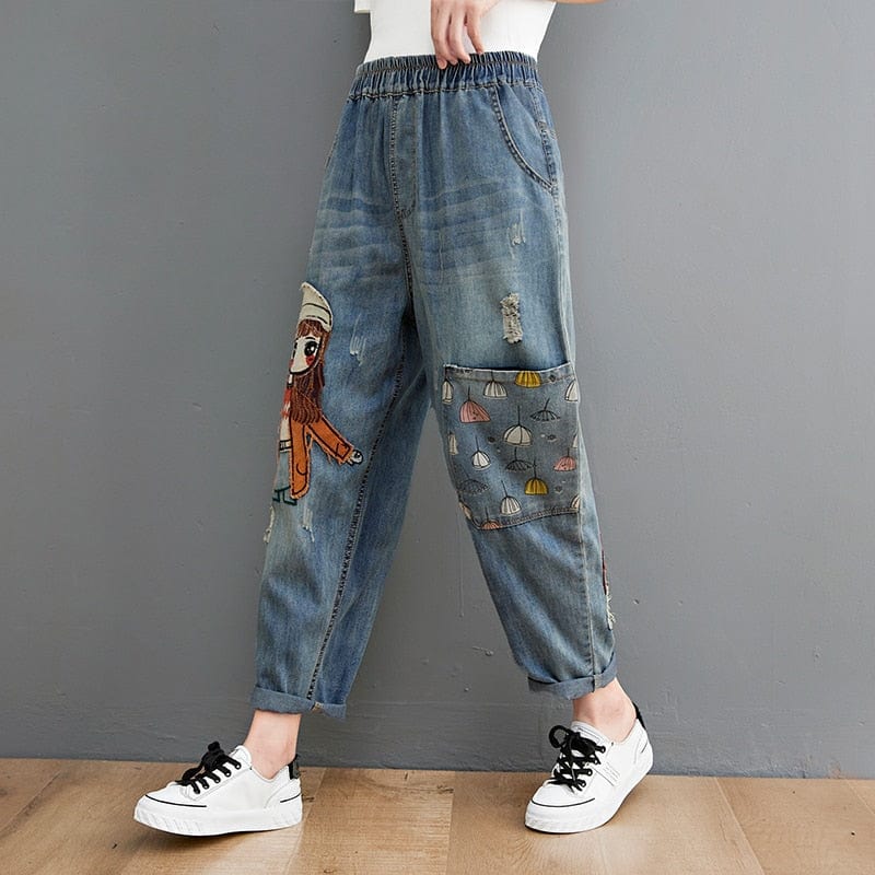 Cartoon Embroidered Patchwork Vintage Jeans - VERGITR
