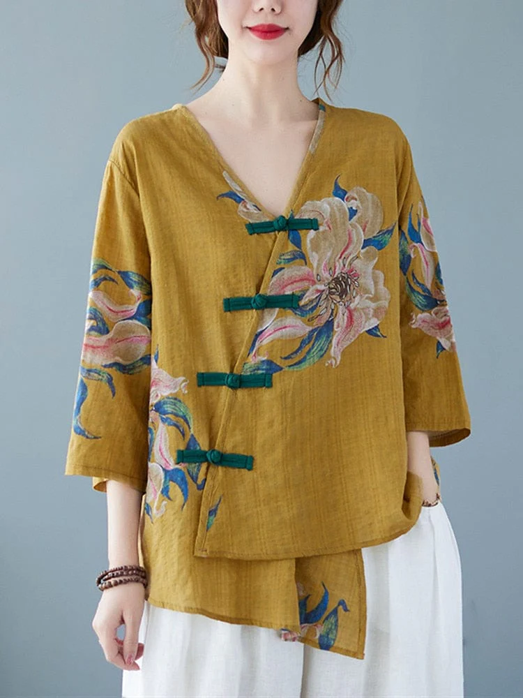 Floral Cotton Linen Oversized Blouse - VERGITR