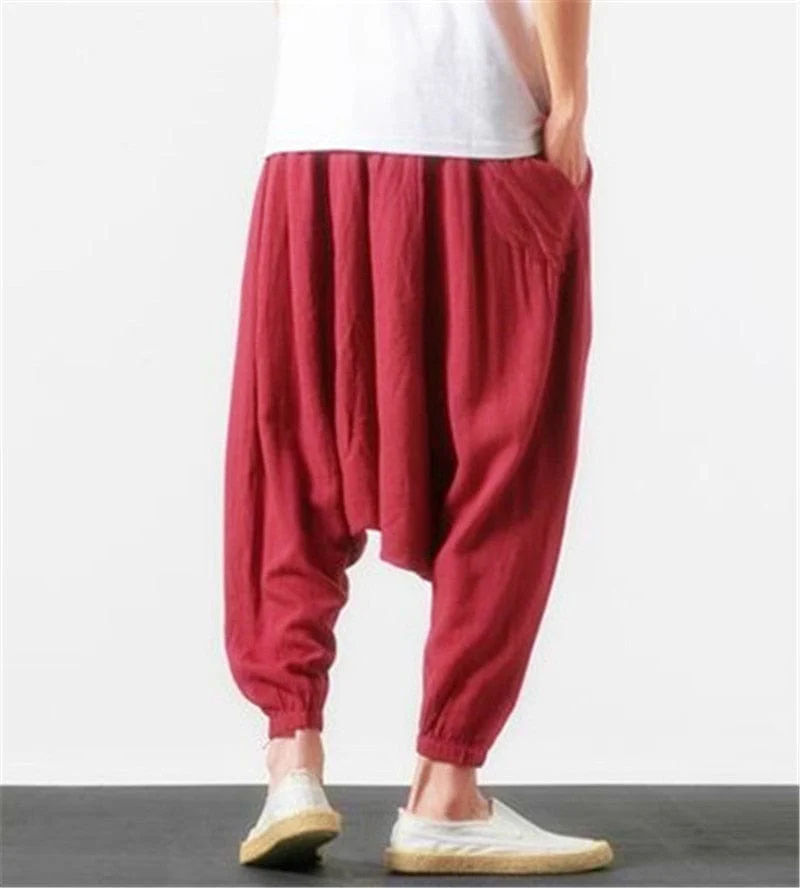 Cotton and Linen Drop Crotch Harem Pants - YOUXIZT
