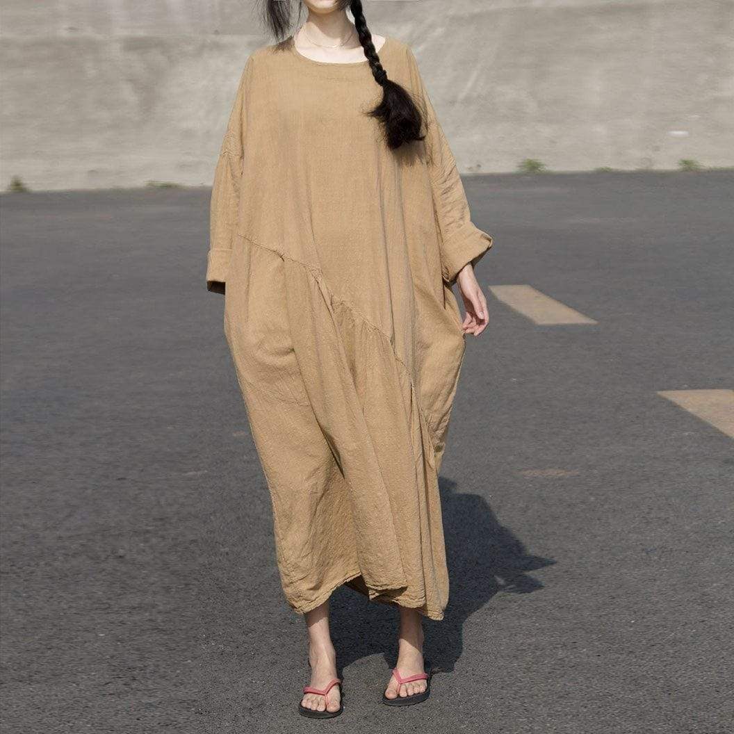Long Sleeve Oversized Linen Maxi Dress - VERGITR