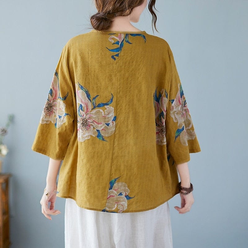Floral Cotton Linen Oversized Blouse - VERGITR