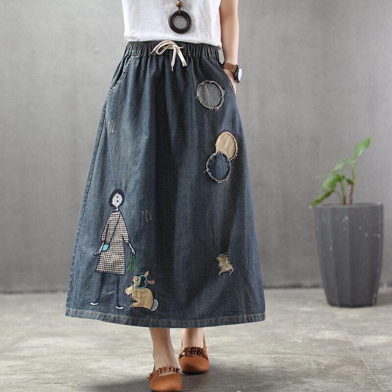 Embroidered Patchwork Kawaii Denim Skirt - YOUXIZT
