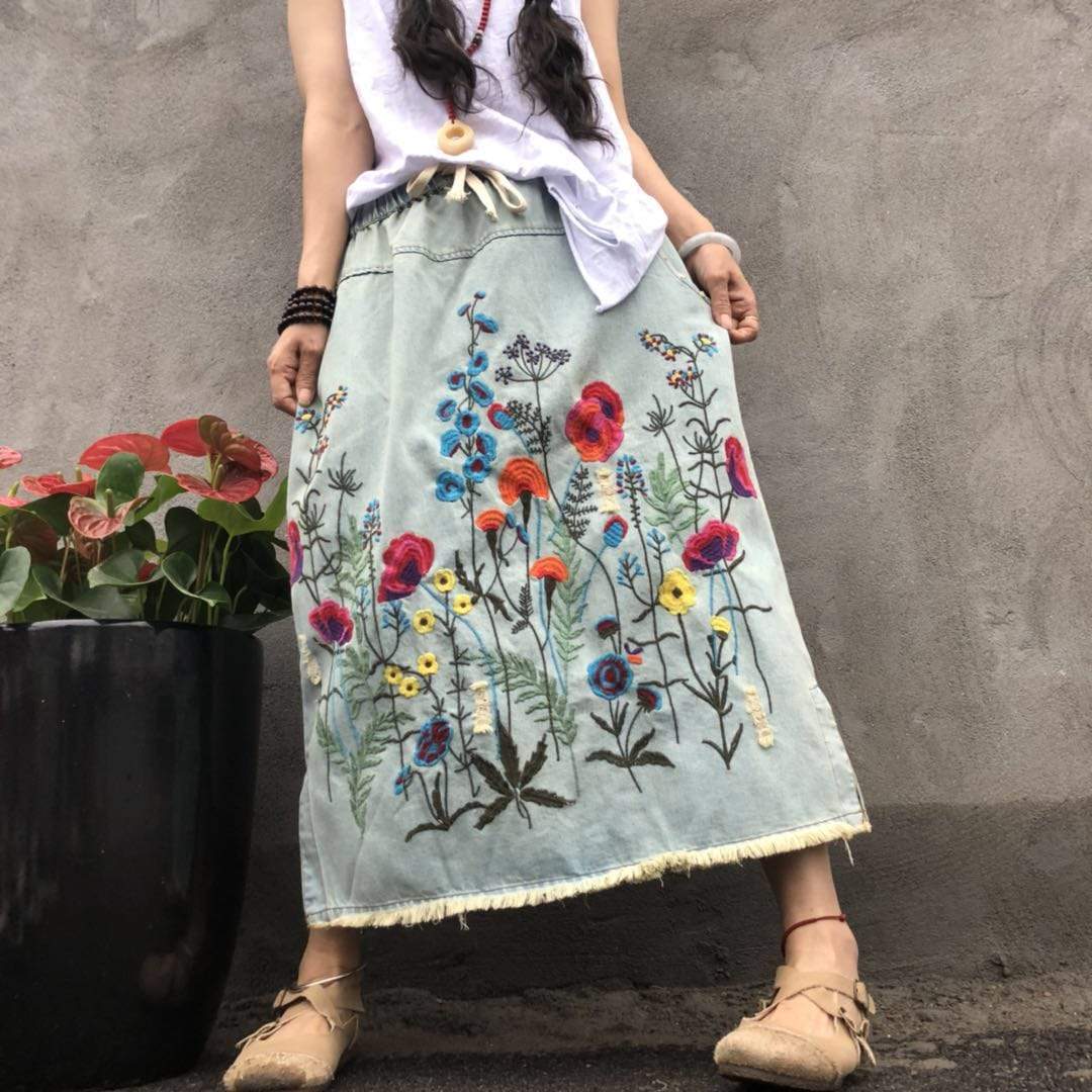 Floral Embroidered Denim Midi Skirt - VERGITR