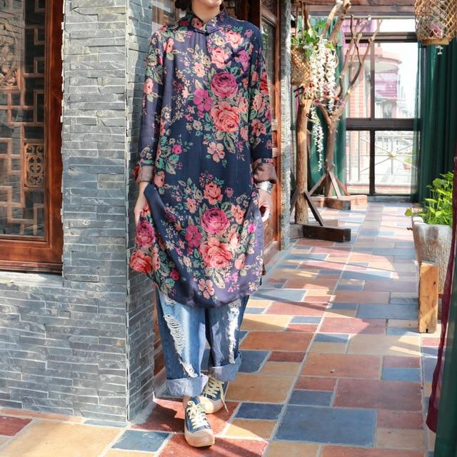 Mandarin Collar Floral Long Shirt | Hippie - YOUXIZT
